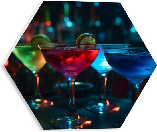 PVC Schuimplaat Hexagon - Bar - Club - Alcohol - Cocktail - Kleuren - 30x26.1 cm Foto op Hexagon (Met Ophangsysteem)