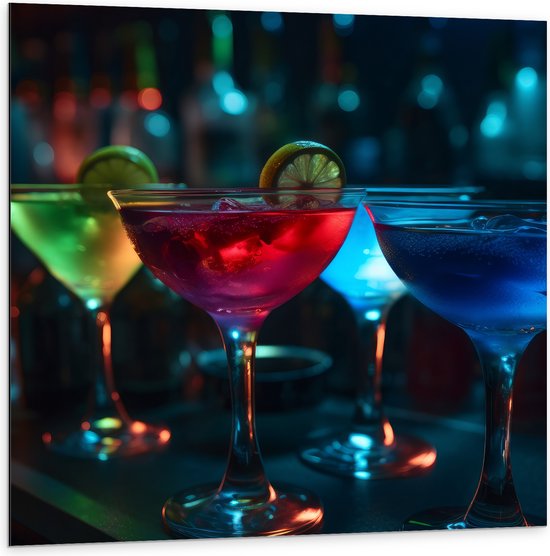 Dibond - Bar - Club - Alcohol - Cocktail - Kleuren - 100x100 cm Foto op Aluminium (Met Ophangsysteem)