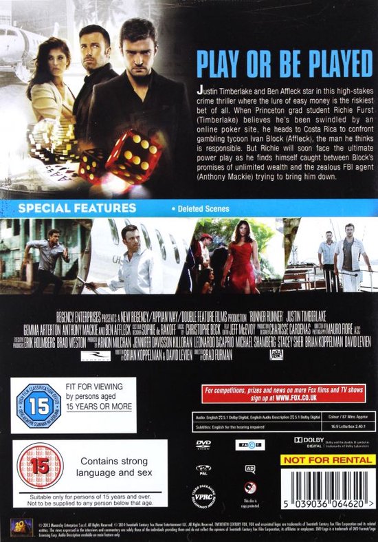 Achterkant van de 'Runner Runner' DVD met Justin Timberlake, Ben Affleck, Gemma Arterton, dobbelstenen en casinotafels. Bevat informatie over de film en speciale functies.