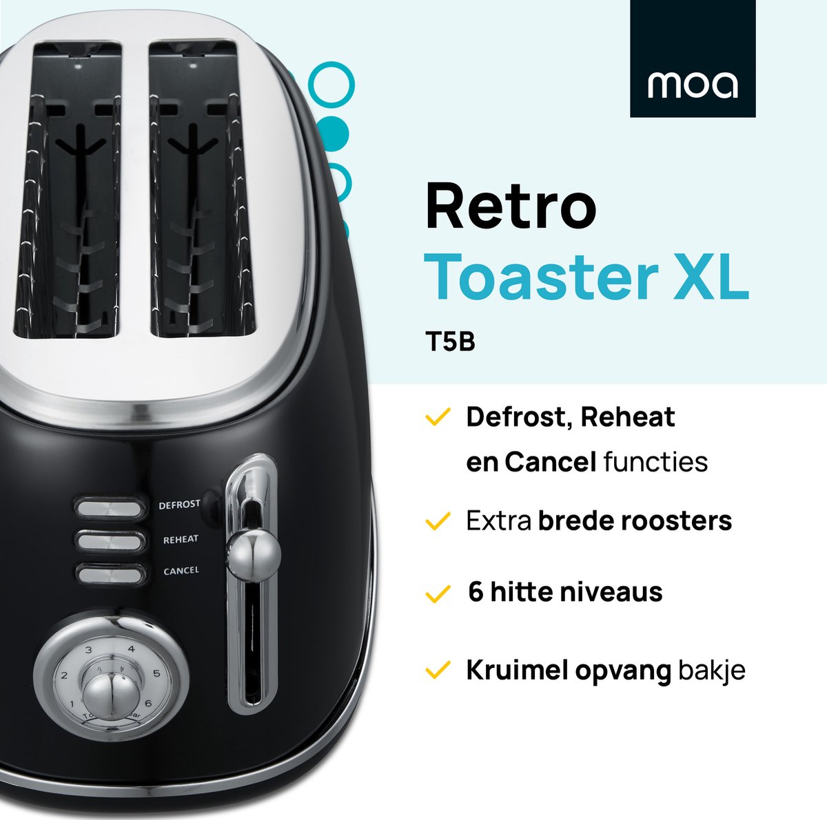 MOA Retro Broodroaster - Toaster voor 4 Sneden - Extra Brede Sleuven - 6 Warmteniveaus - BPA Vrij - 1500W - Zwart thumbnail 2
