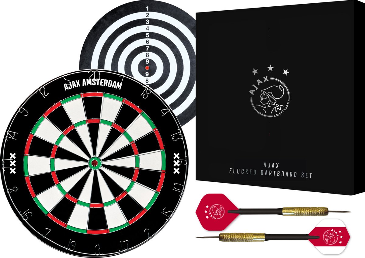 Ajax Flocked Dartbord - Dubbelzijdig - Dartbord met 6 dartpijlen - Dart Flights - Dart Shafts - Darts - Sinterklaas - Cadeau