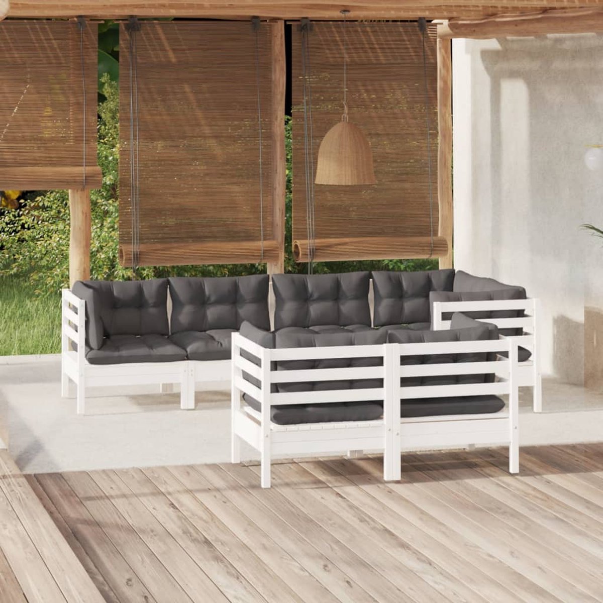 The Living Store 7-delige Loungeset met kussens massief grenenhout wit - Tuinset - Lounge Set - Houten Tuinset - Granenhout - Witte Tuinset