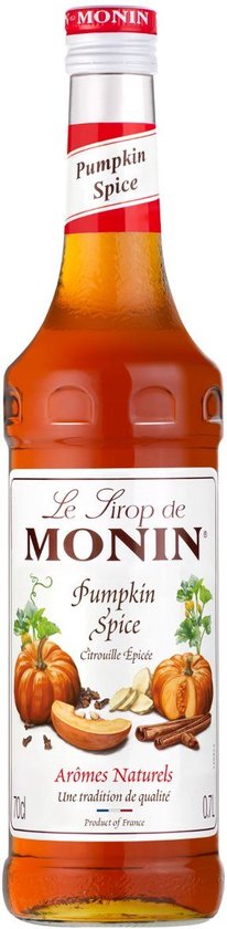 Monin Pumpkin Spice siroop in glazen fles met label met pompoenen, kruiden en tekst 'Pumpkin Spice'.