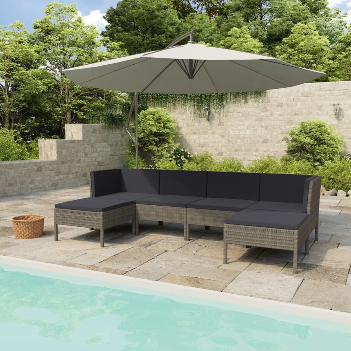The Living Store 6-delige Loungeset met kussens poly rattan grijs - Loungeset - Tuinset - Buis Meubels - Pe Rattan - Grijze Loungestoel