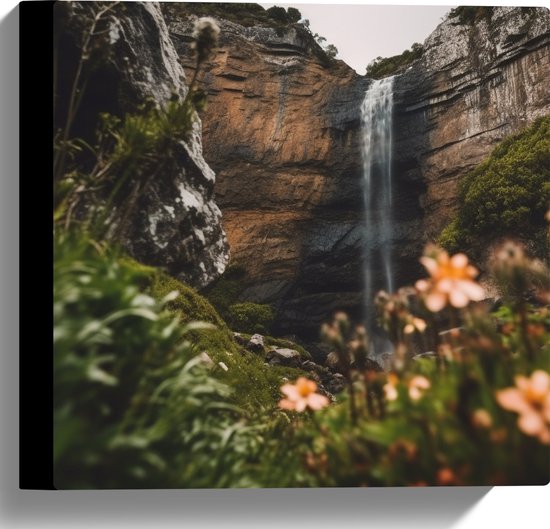 Canvas - Bergen - Waterval - Bloemen - Planten - 30x30 cm Foto op Canvas Schilderij (Wanddecoratie op Canvas)