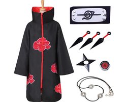 Akatsuki Cape Cosplay Kostuum Set voor Kinderen & Volwassenen - Anime Itachi Uitvoering met Hoofdband, Ringen, Halsketting, Kunai, Shuriken - Maat L - Ideaal voor Halloween & Cosplay Feesten