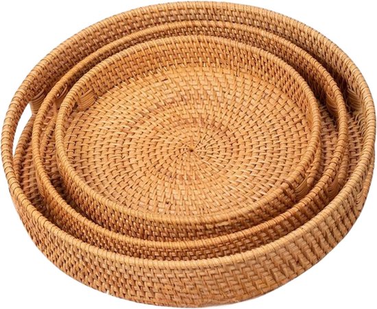 Round Rattan Tray, Woven Tray with Cut-Out Handles, Fruit/Bread, Serving Basket, 30cm (25cm + 30cm + 35cm)