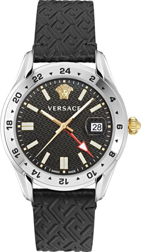 Versace Greca Time GMT VE7C00123 Horloge - Leer - Zwart - Ø 41 mm
