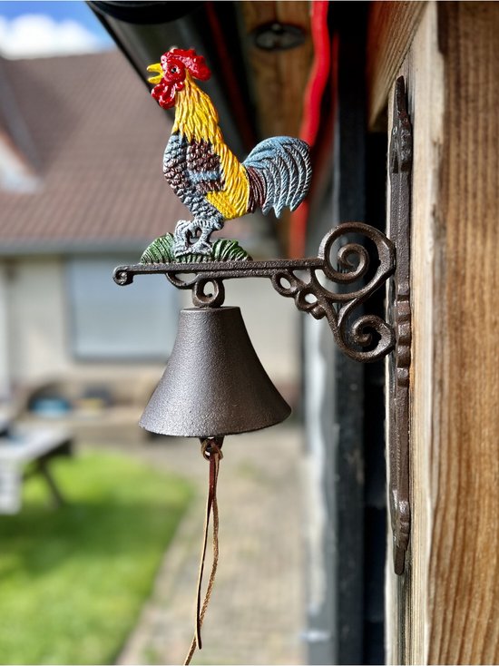 Wolff Mount gietijzeren boerderij deurbel met gekleurde haan – Klassieke gietijzeren wandbel – 35 cm