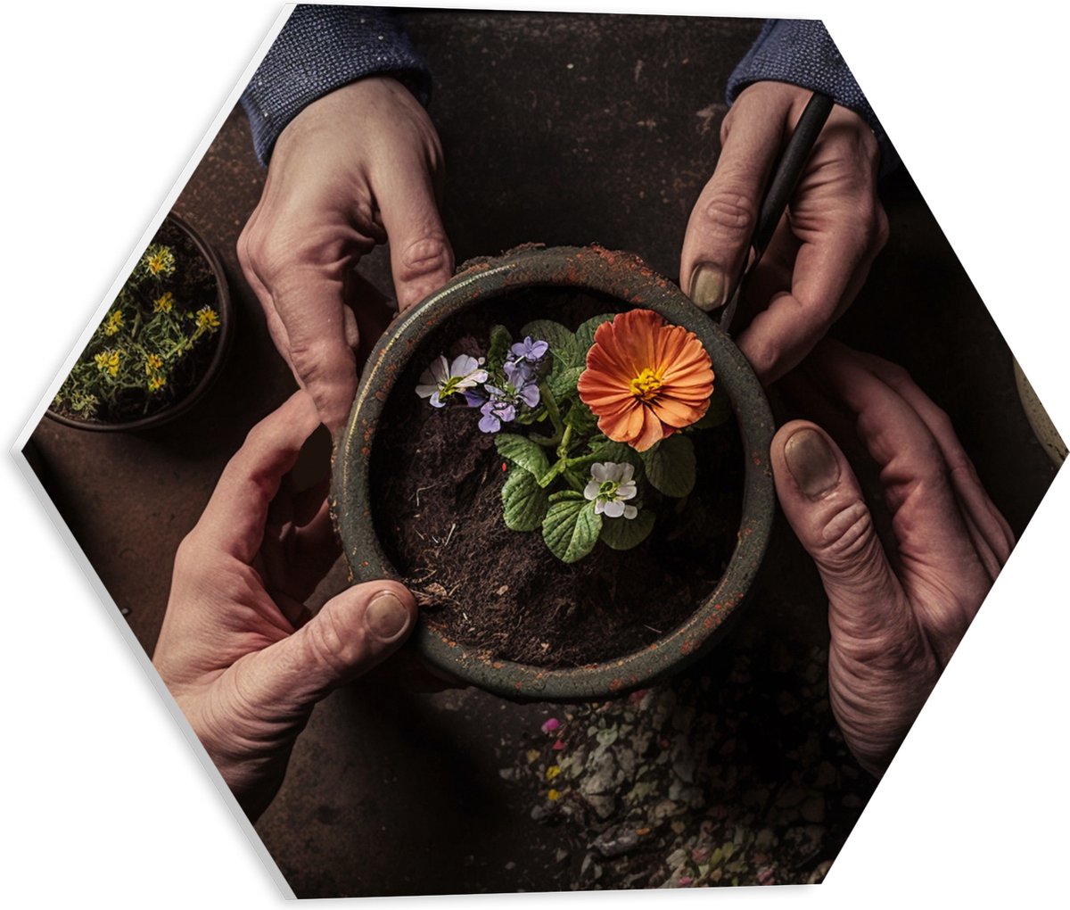 PVC Schuimplaat Hexagon - Bloemen - Bloempot - Potgrond - Handen - 40x34.8 cm Foto op Hexagon (Met Ophangsysteem)
