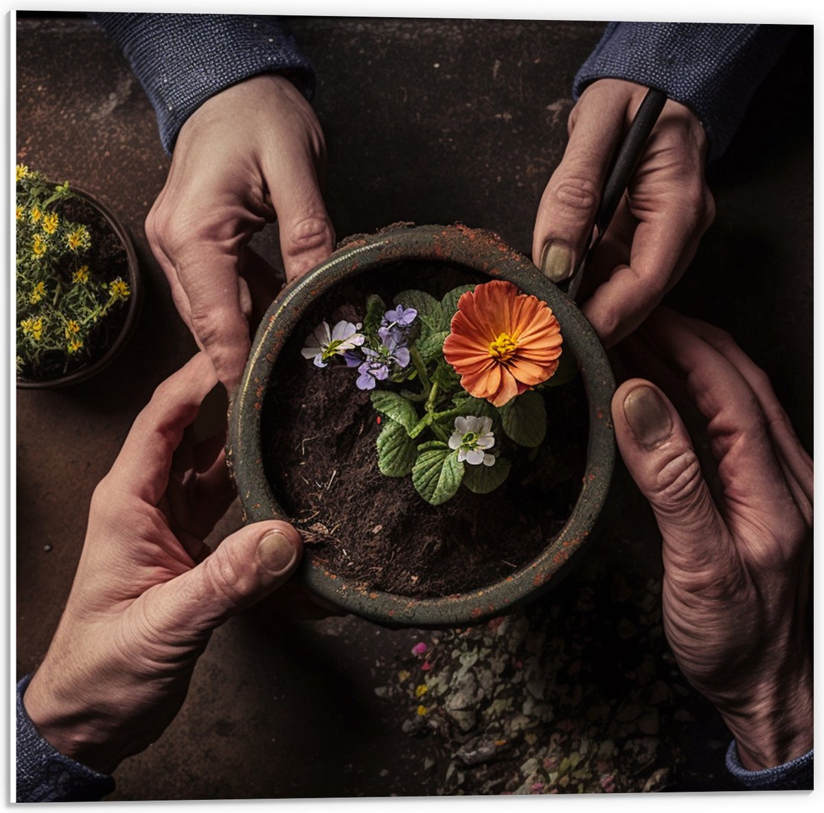 PVC Schuimplaat - Bloemen - Bloempot - Potgrond - Handen - 50x50 cm Foto op PVC Schuimplaat (Met Ophangsysteem)