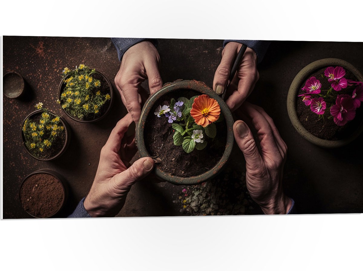 PVC Schuimplaat - Bloemen - Bloempot - Potgrond - Handen - 100x50 cm Foto op PVC Schuimplaat (Met Ophangsysteem)