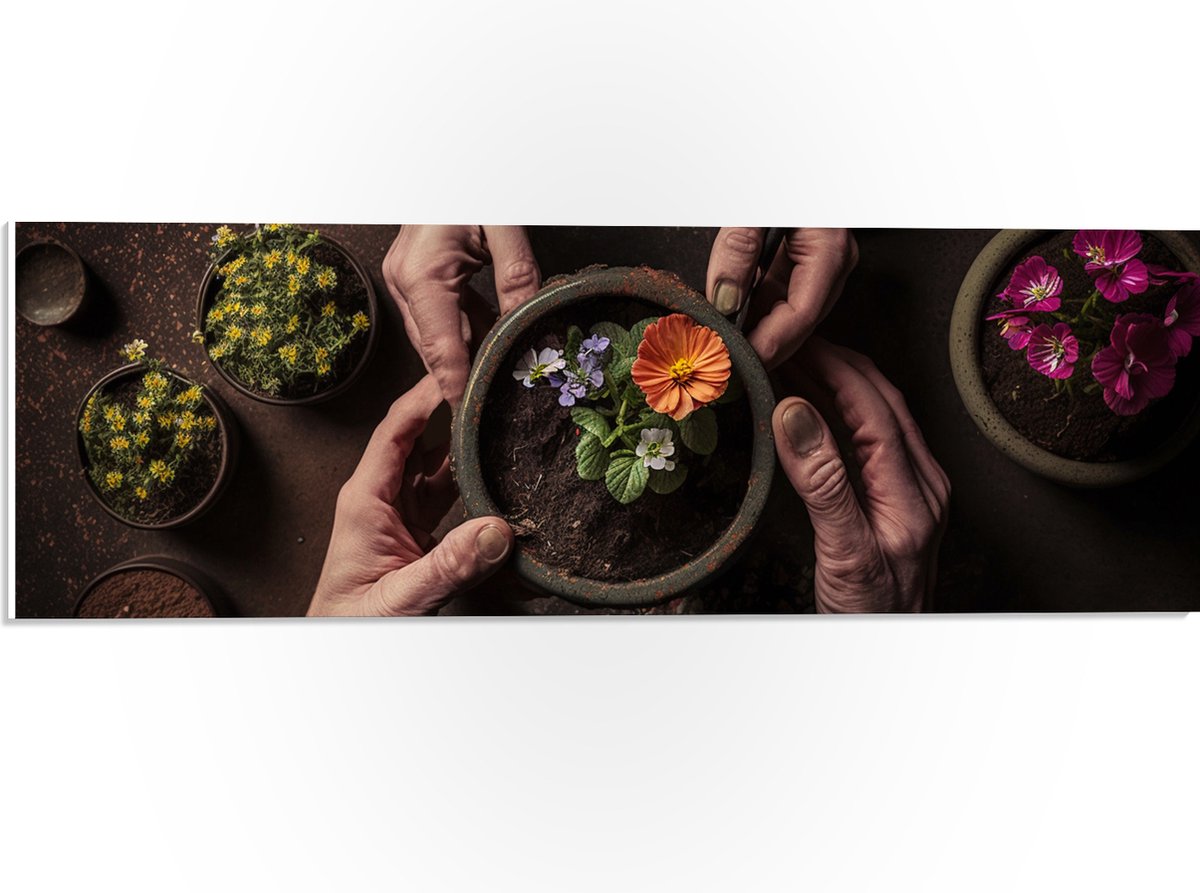 PVC Schuimplaat- Bloemen - Bloempot - Potgrond - Handen - 60x20 cm Foto op PVC Schuimplaat