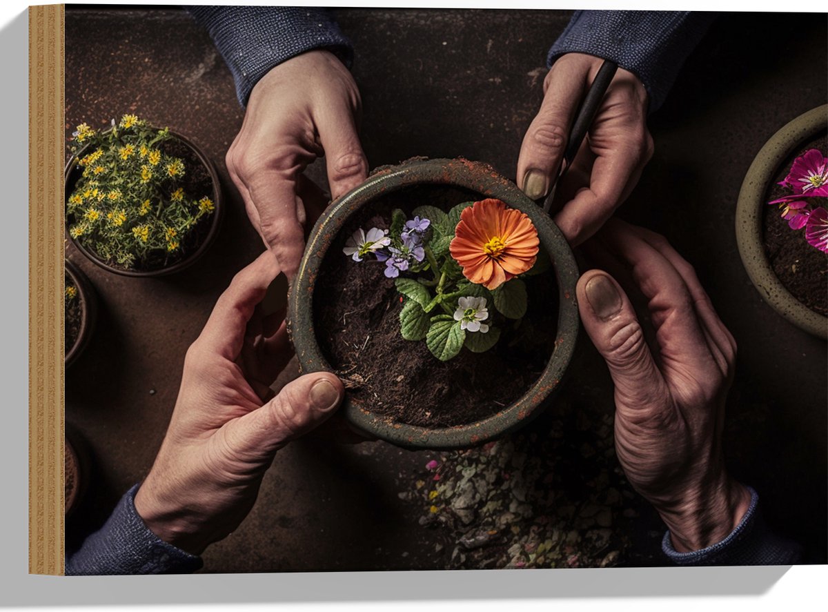Hout - Bloemen - Bloempot - Potgrond - Handen - 40x30 cm - 9 mm dik - Foto op Hout (Met Ophangsysteem)