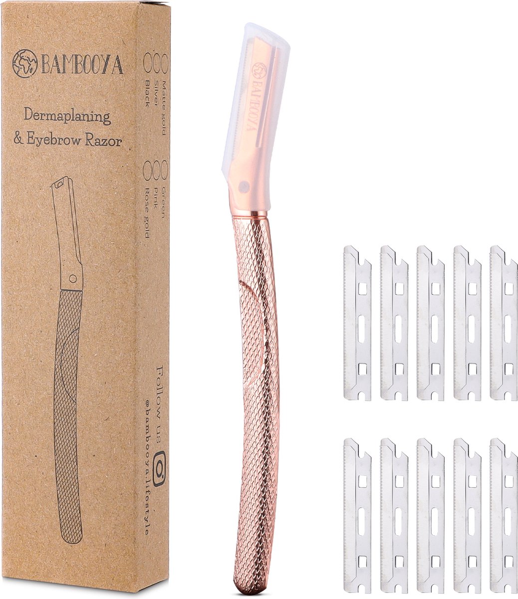 Bambooya Dermaplaning Razor voor Wenkbrauwen & Gezicht - Epileren - Veilig Mesje - Set van 10 Mesjes + Beschermkapje - Rose Gold