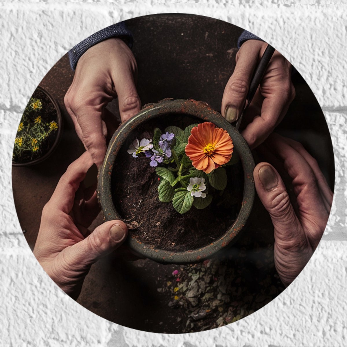 Muursticker Cirkel - Bloemen - Bloempot - Potgrond - Handen - 20x20 cm Foto op Muursticker