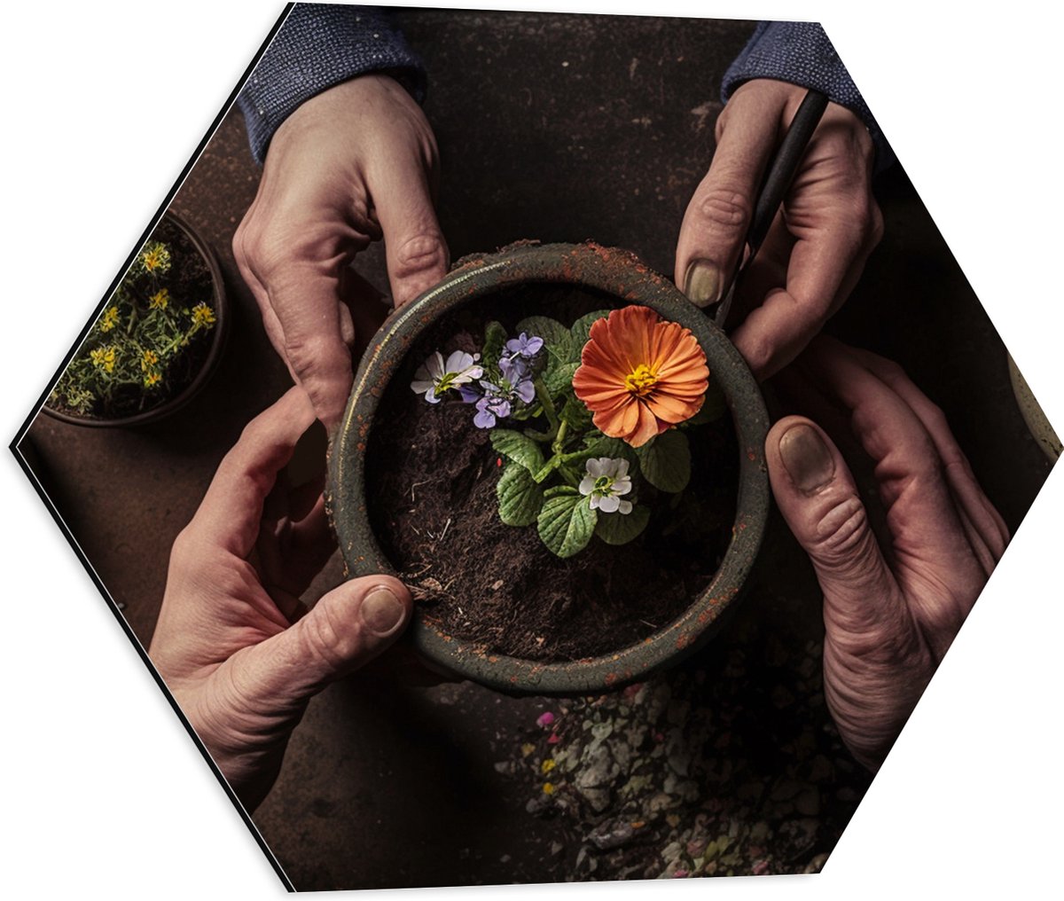Dibond Hexagon - Bloemen - Bloempot - Potgrond - Handen - 50x43.5 cm Foto op Hexagon (Met Ophangsysteem)