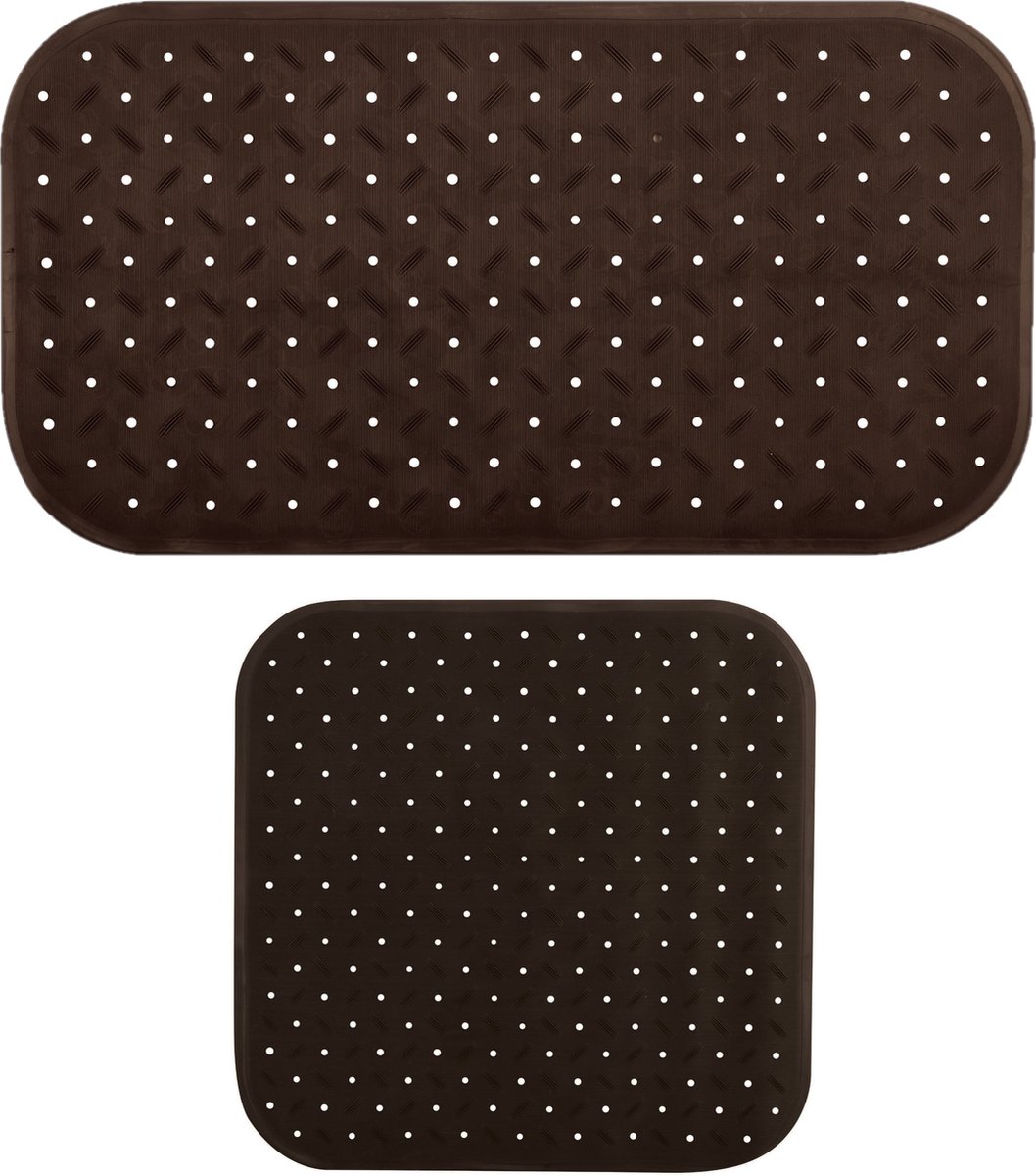 MSV Douche/bad anti-slip matten set badkamer - rubber - 2x stuks - bruin - 2 formaten
