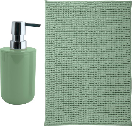 MSV badkamer droogloop mat - Milano - 40 x 60 cm - met bijpassende kleur zeeppompje - groen