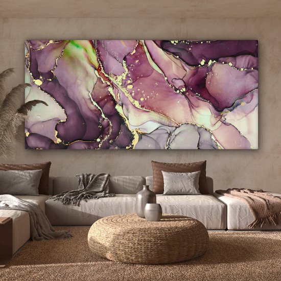 Peinture sur toile 160x80 cm - Décoration murale Marbre - Rouge - Violet - Or - Décoration murale murale salon - Décoration chambre - Accessoires de chambre - Peintures