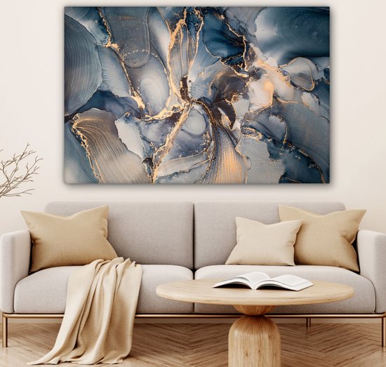 Toile Peinture Marbre - Grijs - Blauw - Luxe - Or - 120x80 cm - Décoration murale