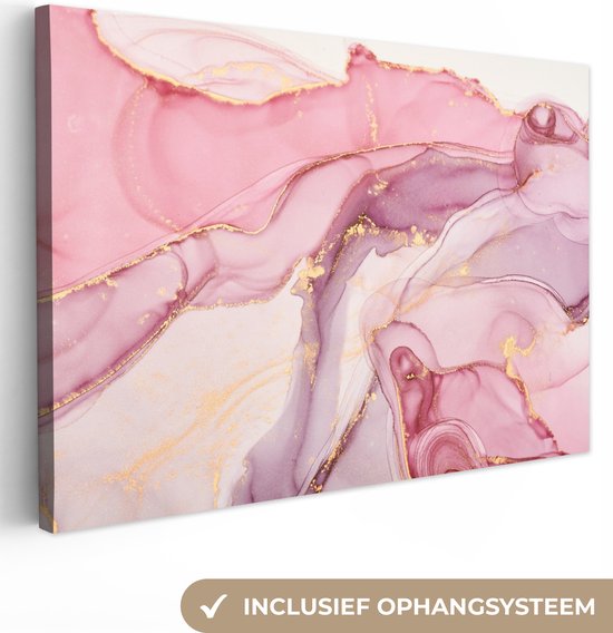 Canvas Schilderij Goud - Marmer - Roze - 90x60 cm - Wanddecoratie