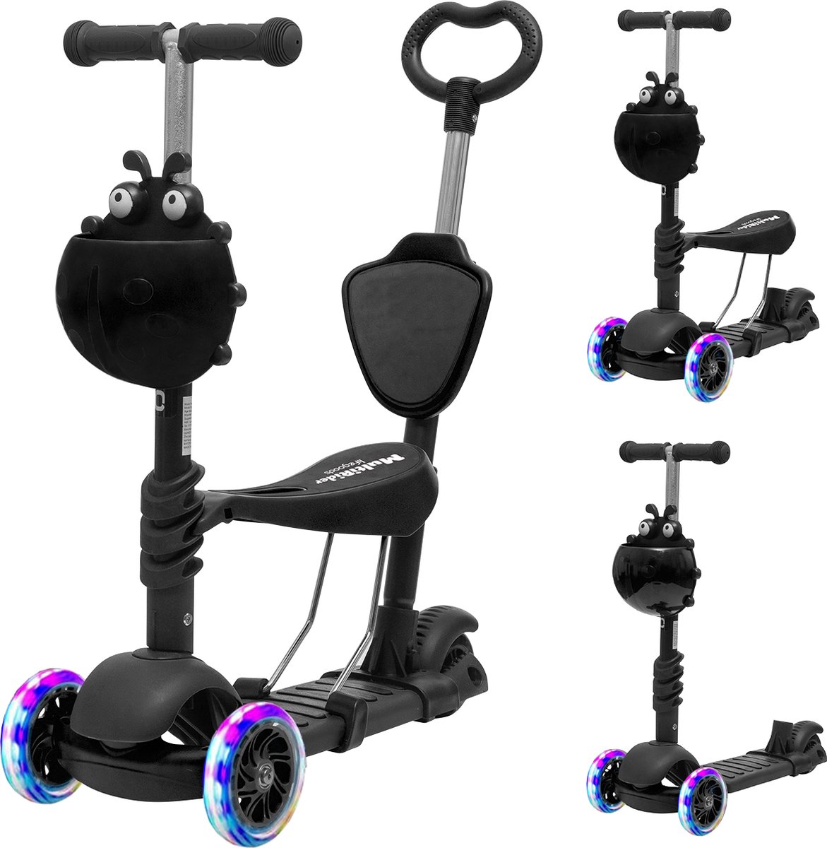 LifeGoods MultiRider - Kinderstep met Duwstang - 3 tot 8 Jaar - Hoogte Verstelbaar - Jongens/Meisjes - Lichtgevende LED Wielen - Zwart