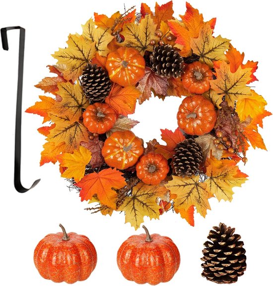 Couronne De Porte Automne - Feuilles D’érable Artificielles Avec Lutin - Décoration Colorée - 60 X 30 Cm