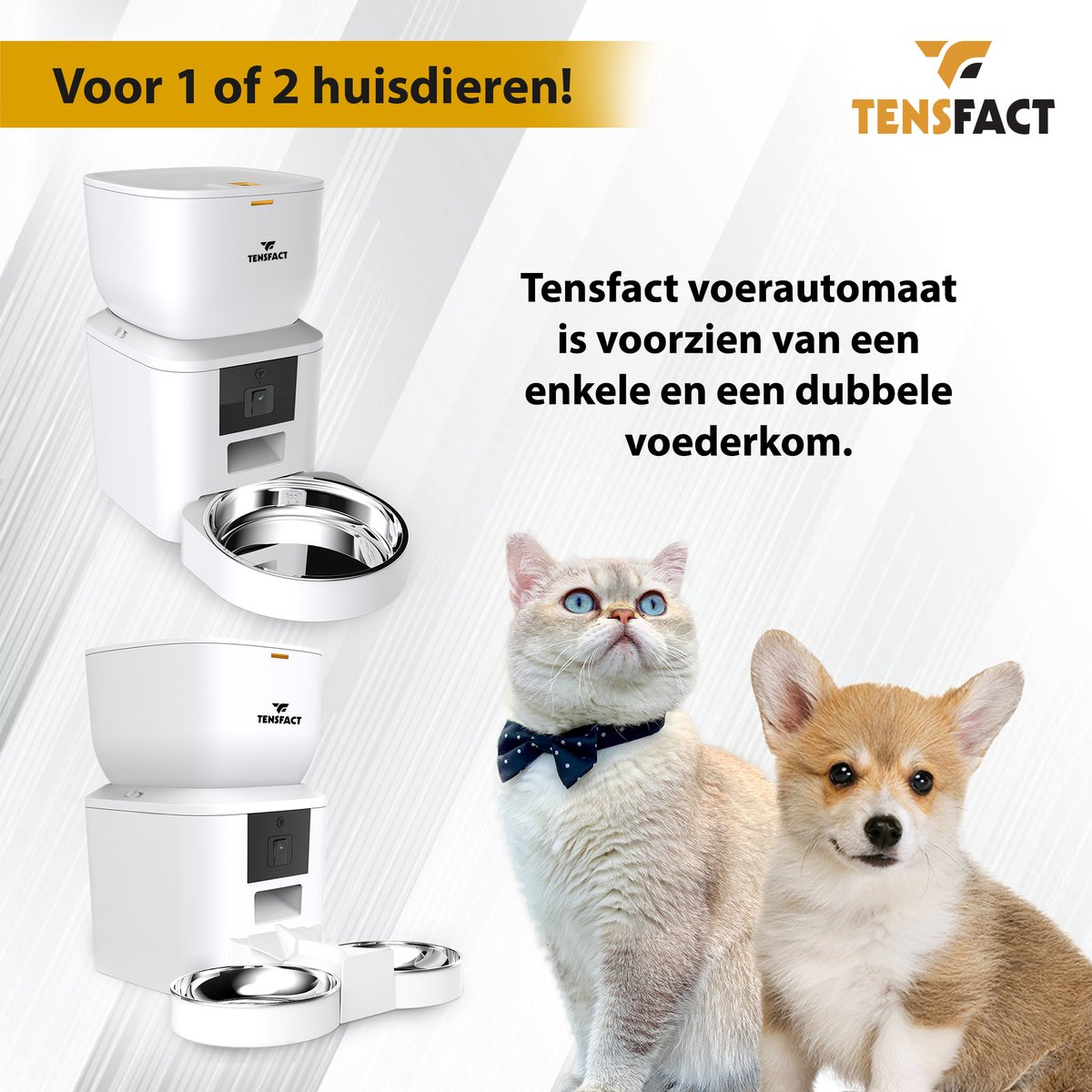 Afbeelding 3 van Automatische Voerbak Kat en Hond - Voerautomaat Kat met Camera - 2 in 1 Enkel en Duo Bak - Voerdispenser Kat - Wit - Tensfact®