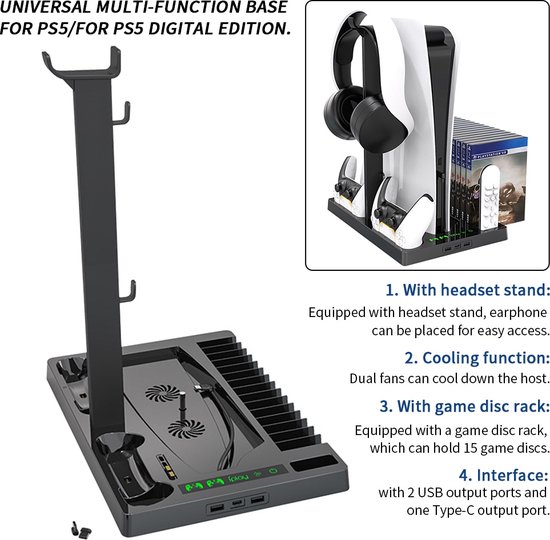 Jeux vidéo,Support de charge Vertical PS5 2 Station de chargeur de  contrôleur 2 support de casque 12 fentes de jeu - Type Black - Cdiscount