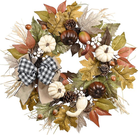 18inch/45cm herfst krans voor voordeur, kunstmatige herfst Thanksgiving deurkrans, herfst decoraties met pompoen, bessen, dennenappel, esdoorn bladeren, boog knoop voor raam muur open haard