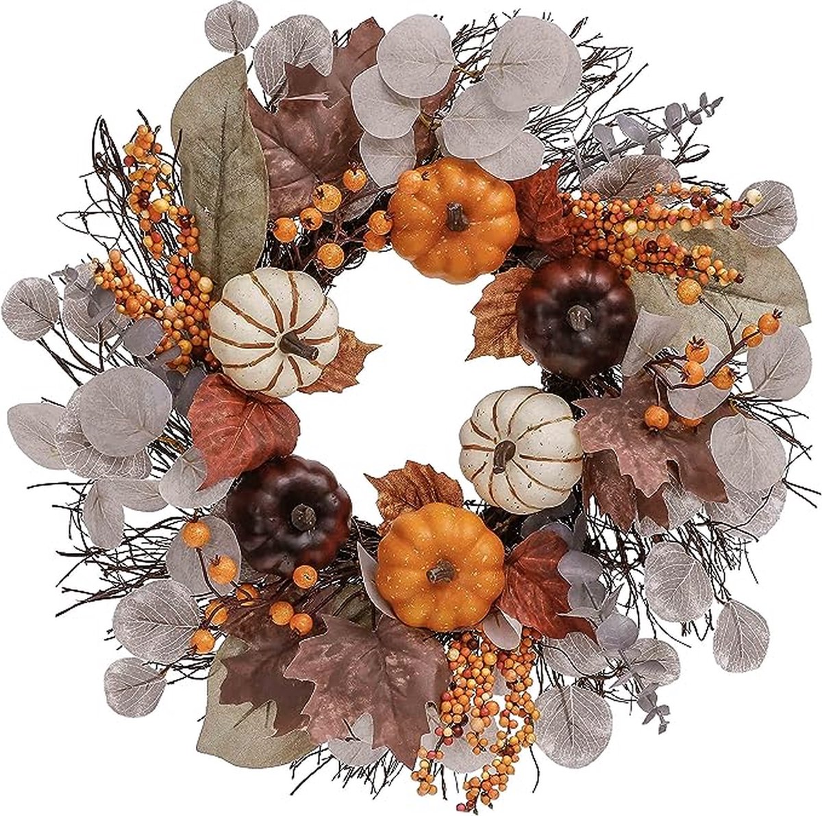Couronne Automne Décoration Porte - 45-50 Cm, Citrouilles, Feuilles D'érable, Baies, Pour Halloween/Thanksgiving