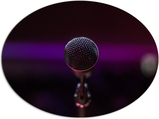 Dibond Ovaal - Close-up van Microfoon op Podium - 96x72 cm Foto op Ovaal (Met Ophangsysteem)