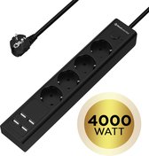 MostEssential Premium 8-Voudige Stekkerdoos - 4000W Edition - Stekkerdoos met Schakelaar - USB - Zwart