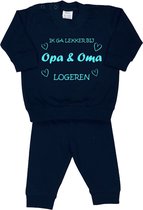La Petite Couronne Pyjama 2-Delig "Ik ga lekker bij opa & oma logeren" Unisex Katoen Zwart/aquablauw Maat 104/110