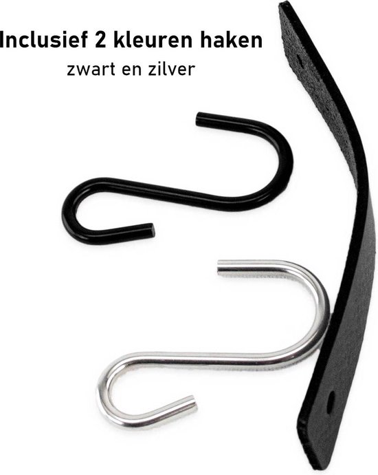 Inclusief 2 kleuren haken: zwart en zilver. Een leren band met twee S-haken.