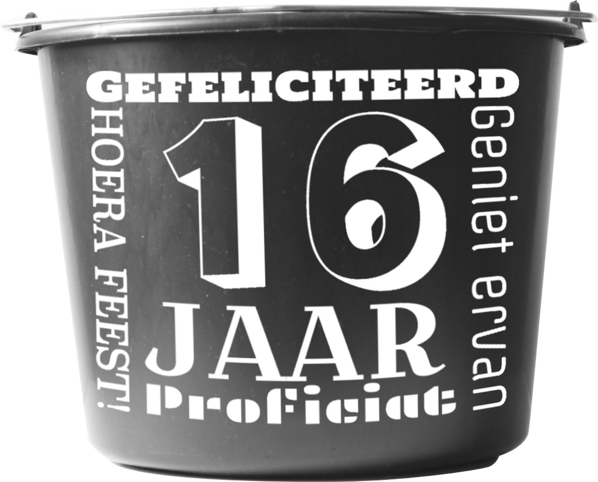 Goedkoopste Emmer – 12 liter – zwart – Cadeau – Verjaardag – met tekst Gefeliciteerd 16 jaar