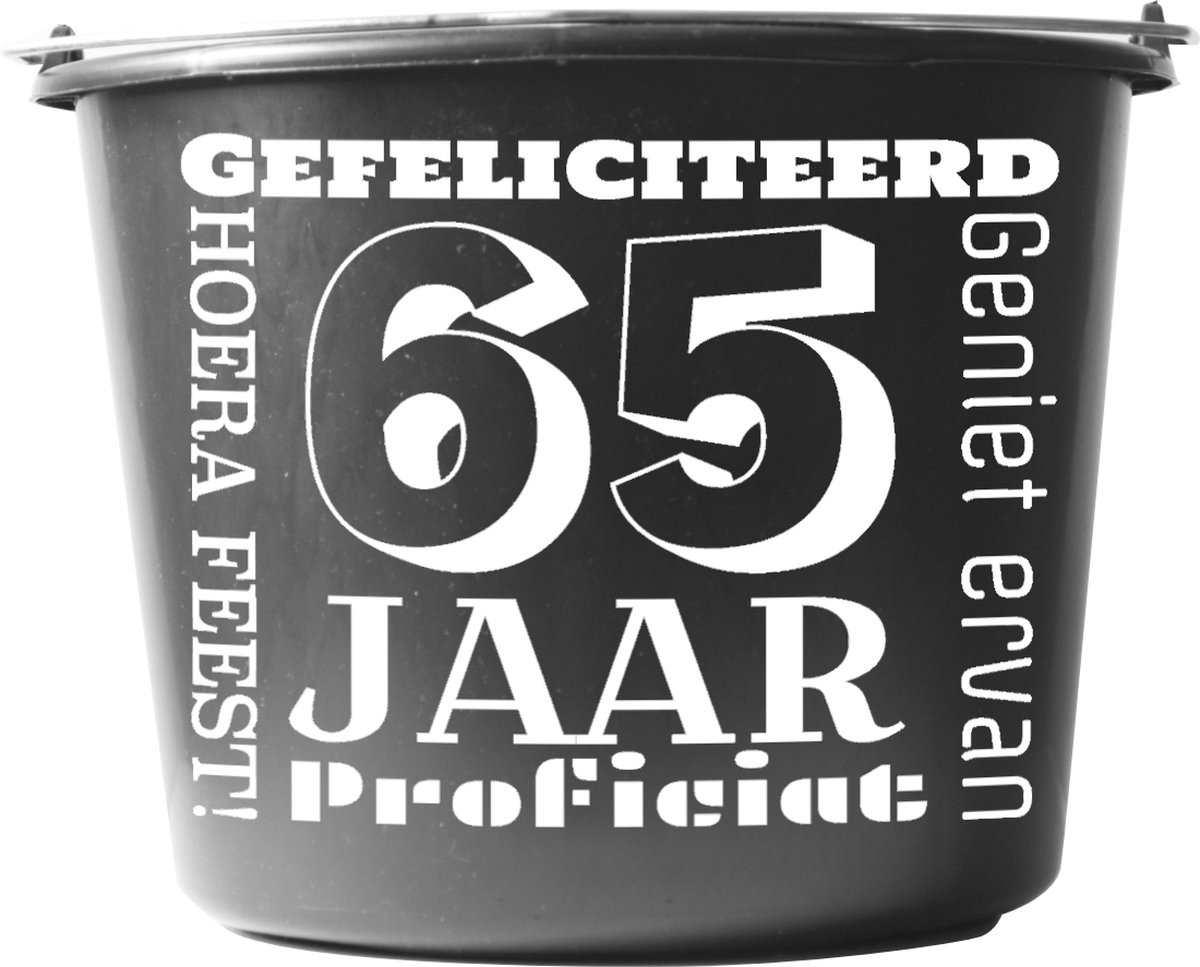 Goedkoopste Emmer – 12 liter – zwart – Cadeau – Verjaardag – met tekst Gefeliciteerd 65 jaar
