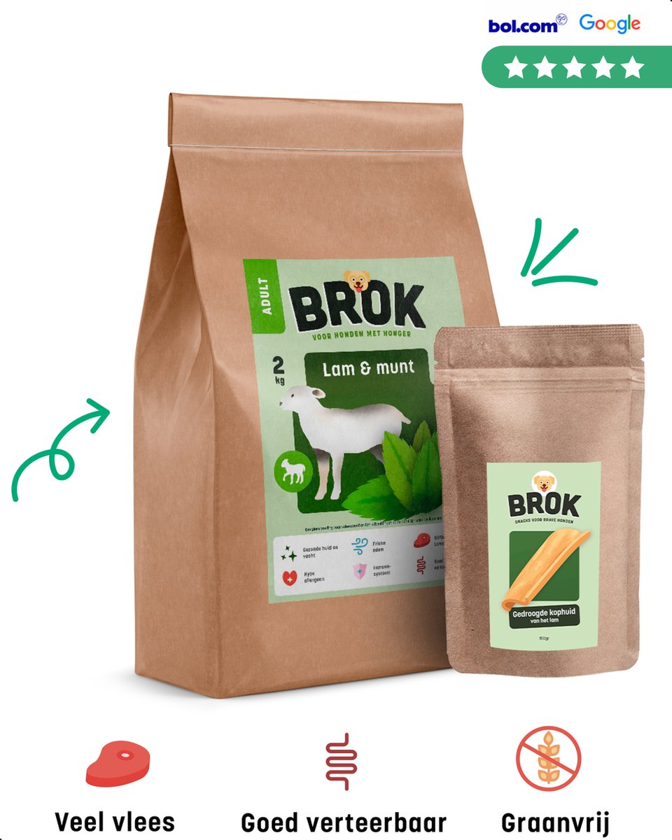 BROK Hondenbrokken Lam & Munt – Graanvrij en Gezond Hondenvoer – Proefpakket 2kg – Veel Vlees – Voor Kieskeurige Volwassen Honden