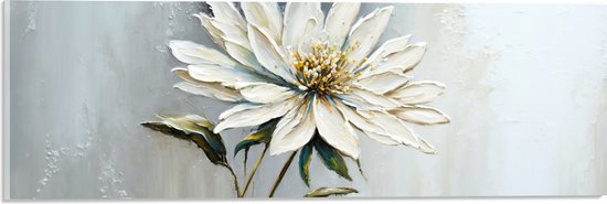 Acrylglas - Geschilderde Witte Bloem met Grijze Achtergrond - 60x20 cm Foto op Acrylglas (Met Ophangsysteem)