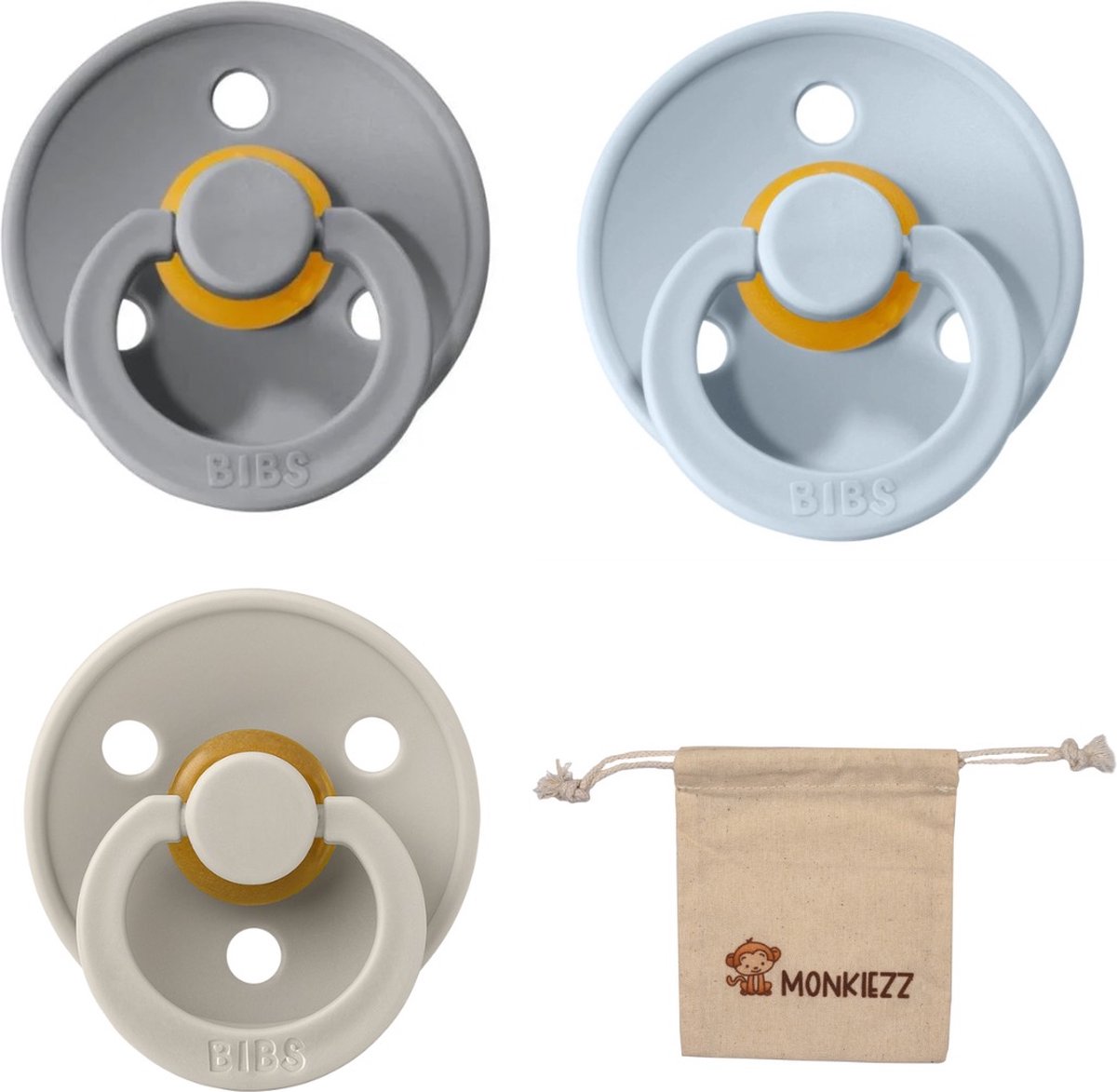 Goedkoopste Bibs fopspeen - maat 1 0-6 maanden - set 3 stuks – Cloud - Baby Blue - Sand Monkiezz speenzakje