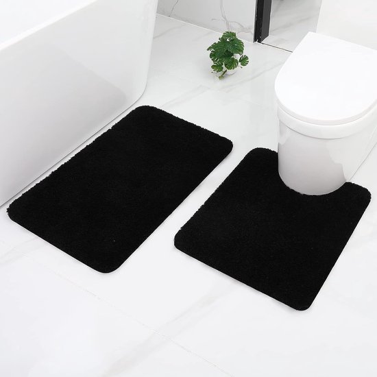 Badkamertapijtset 2-delige wc-mat met uitsparing, set badmatten, antislip, wasbaar, hoogpolig, microvezel, badmatset - 50 x 60 cm + 50 x 80 cm, zwart