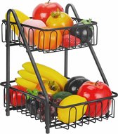 Fruitmand met 2 niveaus, fruitschaal, broodmand, groenteframe voor fruit, groenten, snacks, thuis, keuken, opslag, zwart