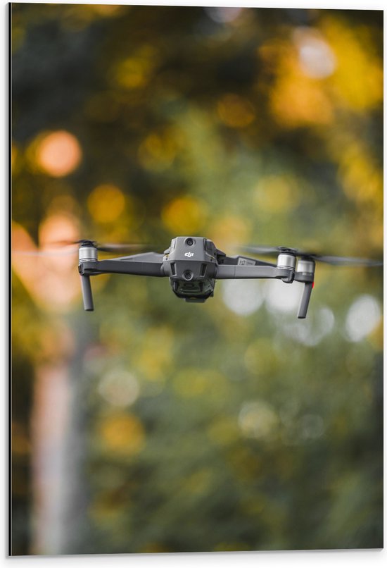 Dibond - Close-up van Grijze Vliegende Drone - 40x60 cm Foto op Aluminium (Wanddecoratie van metaal)