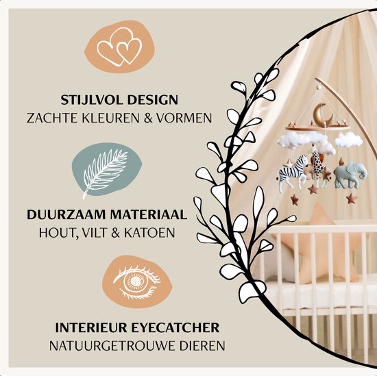 Mobile bébé en bois avec animaux, lune, nuages et étoiles. Design élégant, matériau durable, pièce maîtresse de décoration.