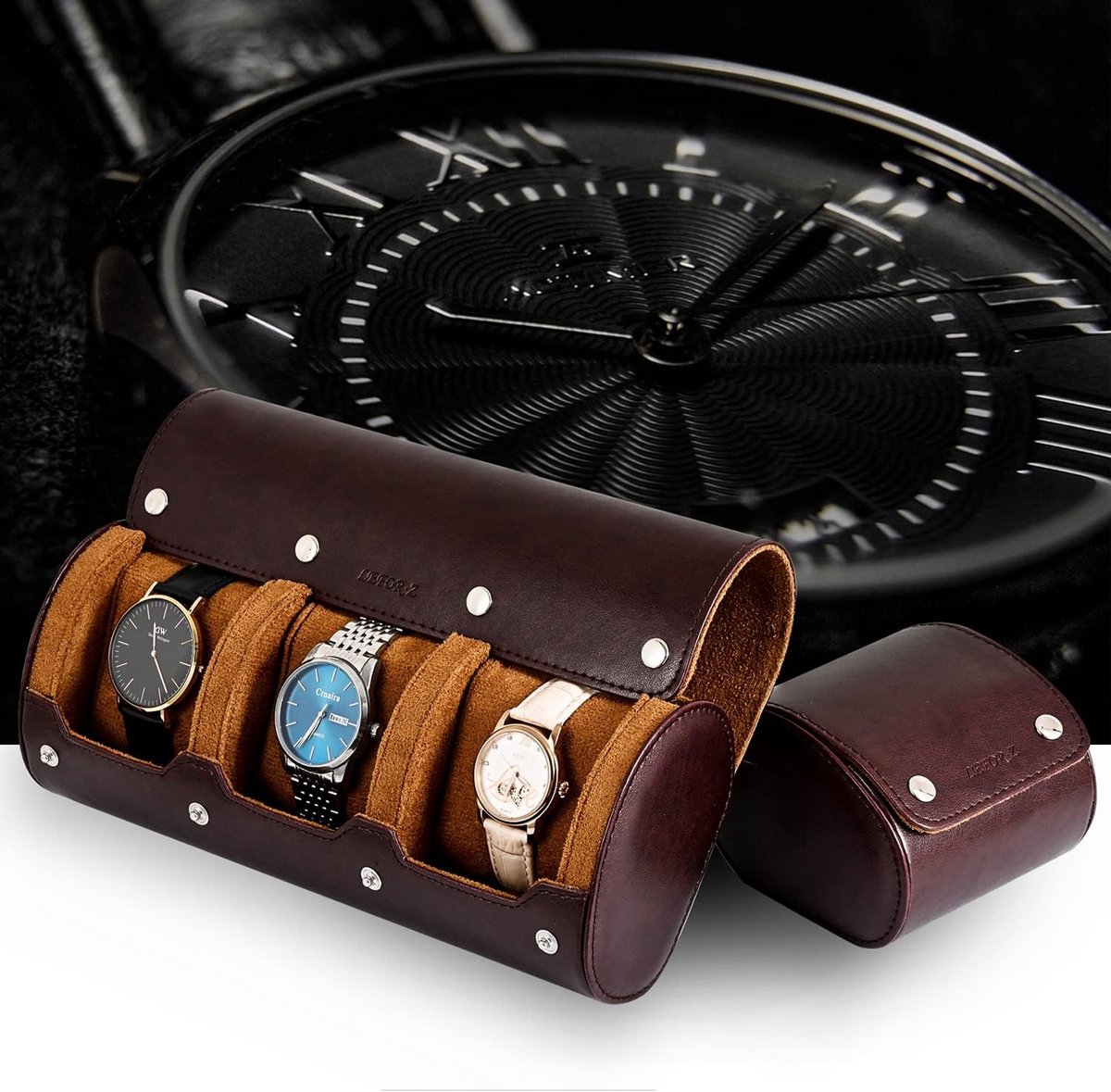 RoYiio 3 Slots Cilindrische Horloge Case, Horloge Roll Travel Box Vintage Horloge Case voor Mannen en Vrouwen - Bruin Upgrade Versie