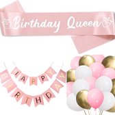 19-delige set met sjerp, ballonnen en slinger Happy Birthday roze met wit en goud - verjaardag - ballon - slinger - sjerp - roze - wit - goud