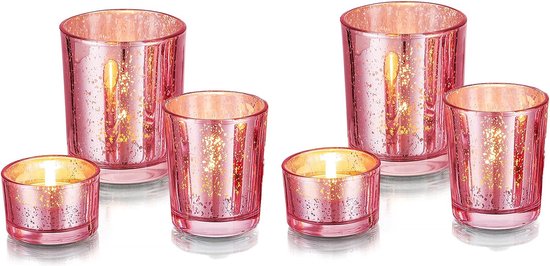 Theelichthouder kandelaar glas roze : 6 stuks / 2 set kwik theelichtglazen windlicht kaarsenstandaard voor theelichtjes kaarsen tafeldecoratie voor bruiloft feest Kerstmis decoratie
