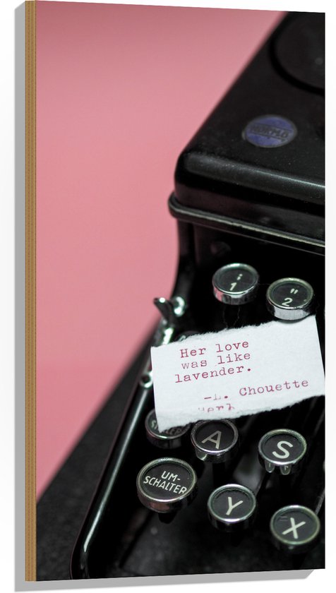 Hout - Quote op Wit Papier Liggend op Zwarte Vintage Typemachine op Roze Achtergrond - 50x100 cm - 9 mm dik - Foto op Hout (Met Ophangsysteem)