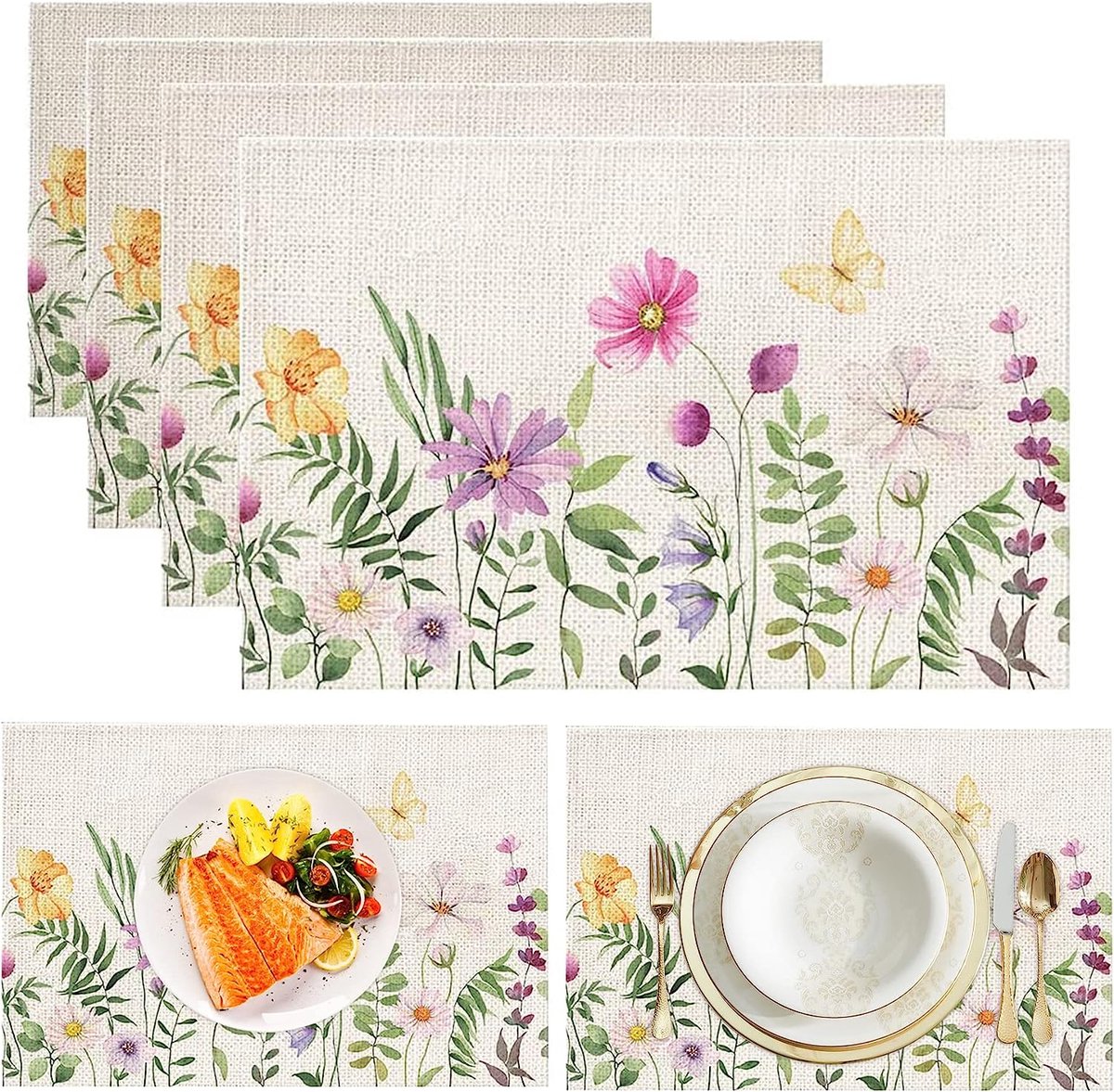 Placemats voor Eettafel Bloemenprint Linner Placemats Katoen Plaats Matten Hittebestendige Antislip Tafelmatten (veelkleurig, 4)